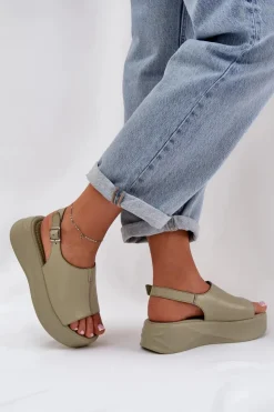 Damskie Damskie buty S.Barski Skórzane Sandały Damskie Na Platformie D&A SJ2301-2 Zielone