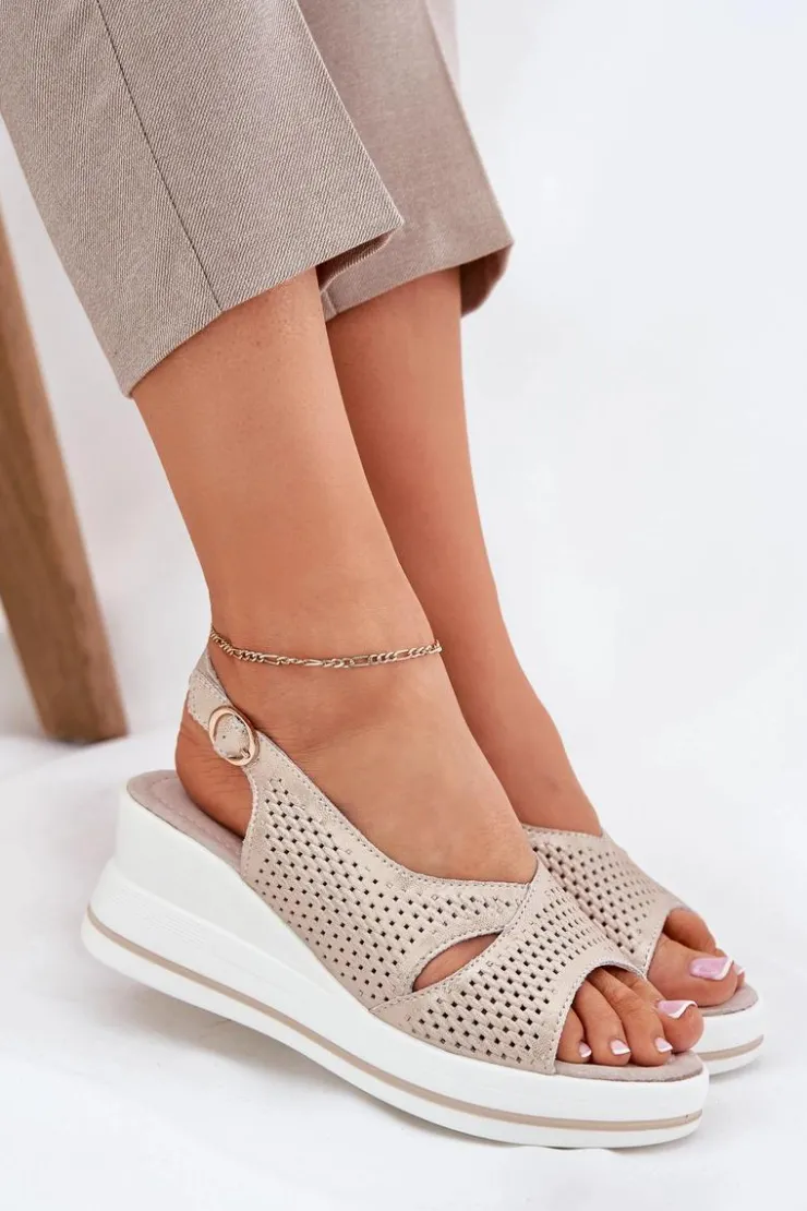 New Damskie buty S.Barski Skórzane Sandały Damskie Na Koturnie S.Barski LR51-660 Złote Złoty