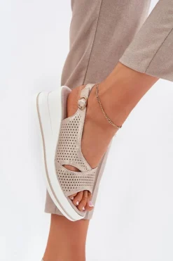 New Damskie buty S.Barski Skórzane Sandały Damskie Na Koturnie S.Barski LR51-660 Złote Złoty