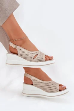 New Damskie buty S.Barski Skórzane Sandały Damskie Na Koturnie S.Barski LR51-660 Złote Złoty