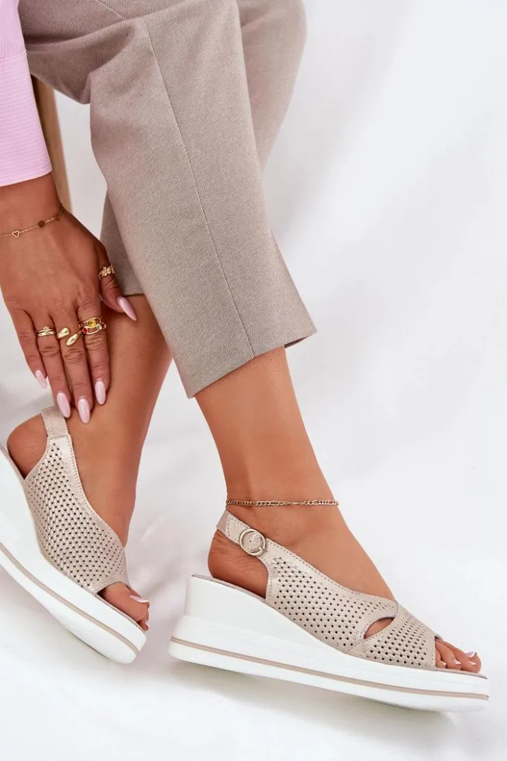 New Damskie buty S.Barski Skórzane Sandały Damskie Na Koturnie S.Barski LR51-660 Złote Złoty