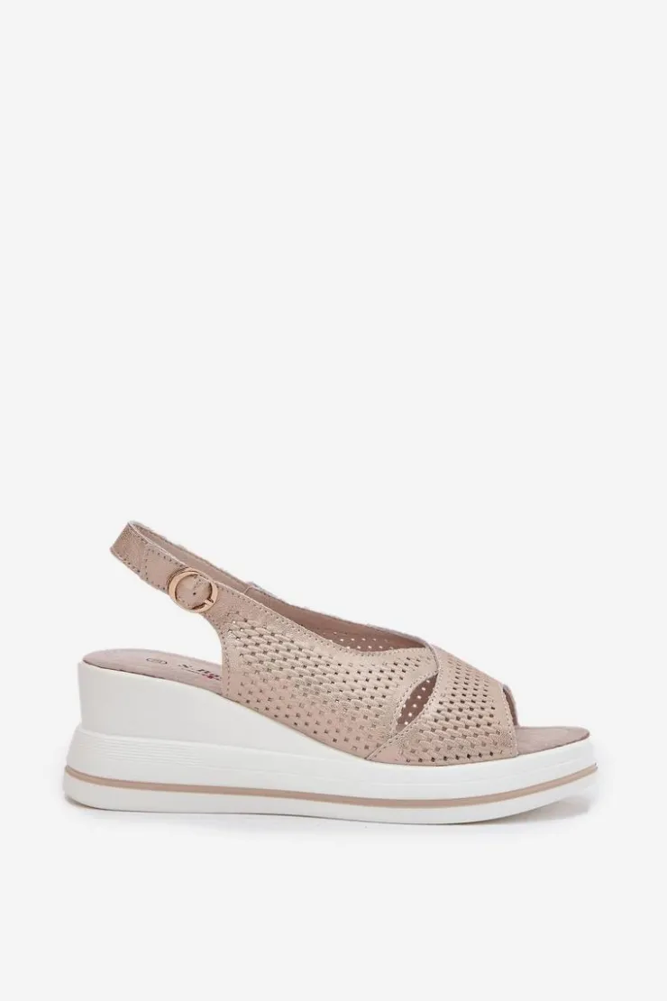 New Damskie buty S.Barski Skórzane Sandały Damskie Na Koturnie S.Barski LR51-660 Złote Złoty