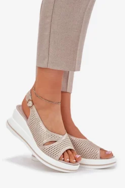 New Damskie buty S.Barski Skórzane Sandały Damskie Na Koturnie S.Barski LR51-660 Złote Złoty