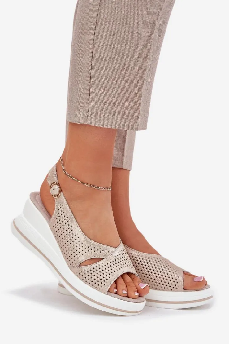 New Damskie buty S.Barski Skórzane Sandały Damskie Na Koturnie S.Barski LR51-660 Złote Złoty