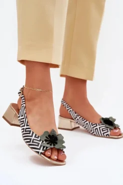 Damskie Laura Messi Skórzane Sandały Damskie Na Klocku Z Ozdobnym Kwiatem 2973 Biało-Czarne