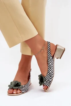 Damskie Laura Messi Skórzane Sandały Damskie Na Klocku Z Ozdobnym Kwiatem 2973 Biało-Czarne