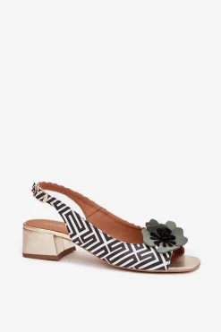 Damskie Laura Messi Skórzane Sandały Damskie Na Klocku Z Ozdobnym Kwiatem 2973 Biało-Czarne