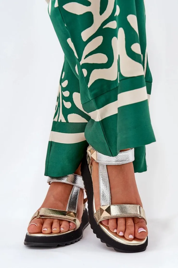 Damskie buty S.Barski Sandały Na Koturnie*Skórzane Sandały Damskie Na Koturnie D&A CR51-135 Złoto-Srebrne