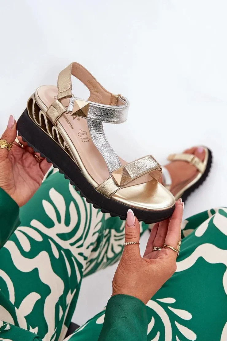 Damskie buty S.Barski Sandały Na Koturnie*Skórzane Sandały Damskie Na Koturnie D&A CR51-135 Złoto-Srebrne