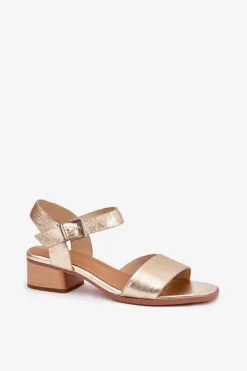 Damskie Maciejka Skórzane Sandały Damskie Na Obcasie N6802-25 Złote