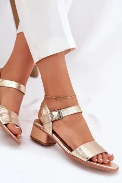 Damskie Maciejka Skórzane Sandały Damskie Na Obcasie N6802-25 Złote
