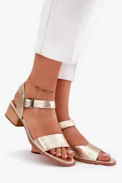 Damskie Maciejka Skórzane Sandały Damskie Na Obcasie N6802-25 Złote