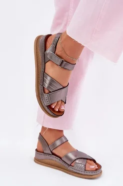 Maciejka Sandały Płaskie*Skórzane Sandały Damskie Na Platformie L7064-35 Grafitowe Srebrny