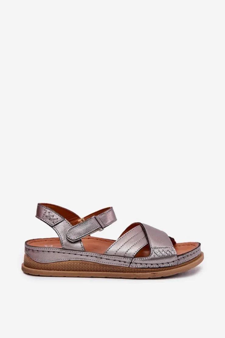 Maciejka Sandały Płaskie*Skórzane Sandały Damskie Na Platformie L7064-35 Grafitowe Srebrny