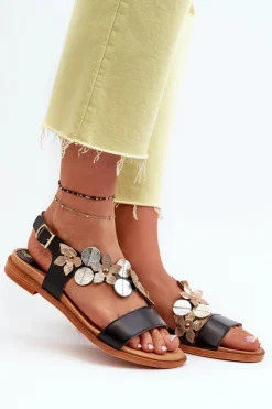 Discount Laura Messi Skórzane Sandały Damskie Ozdobione Kwiatkami 2762 Czarne