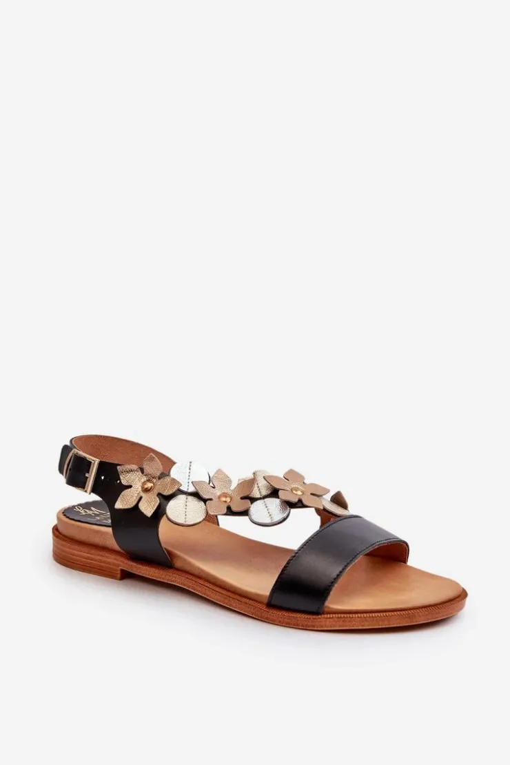 Discount Laura Messi Skórzane Sandały Damskie Ozdobione Kwiatkami 2762 Czarne