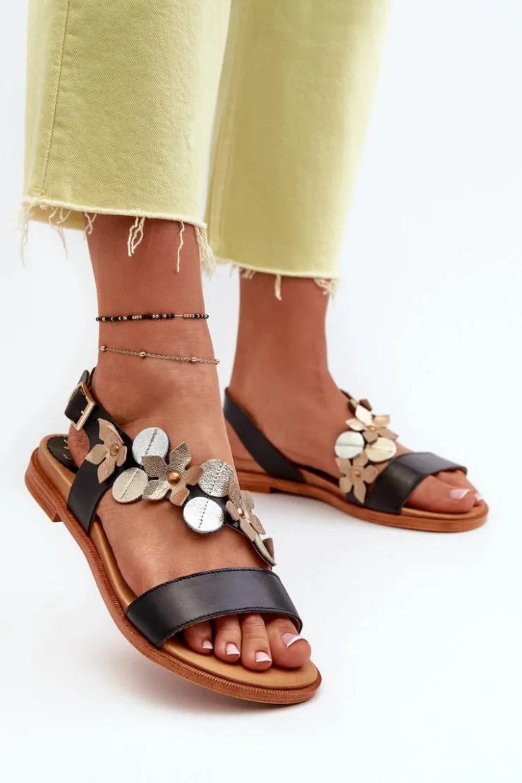 Discount Laura Messi Skórzane Sandały Damskie Ozdobione Kwiatkami 2762 Czarne