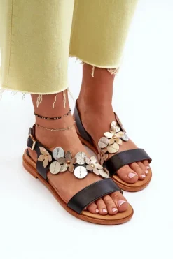 Discount Laura Messi Skórzane Sandały Damskie Ozdobione Kwiatkami 2762 Czarne