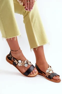 Discount Laura Messi Skórzane Sandały Damskie Ozdobione Kwiatkami 2762 Czarne