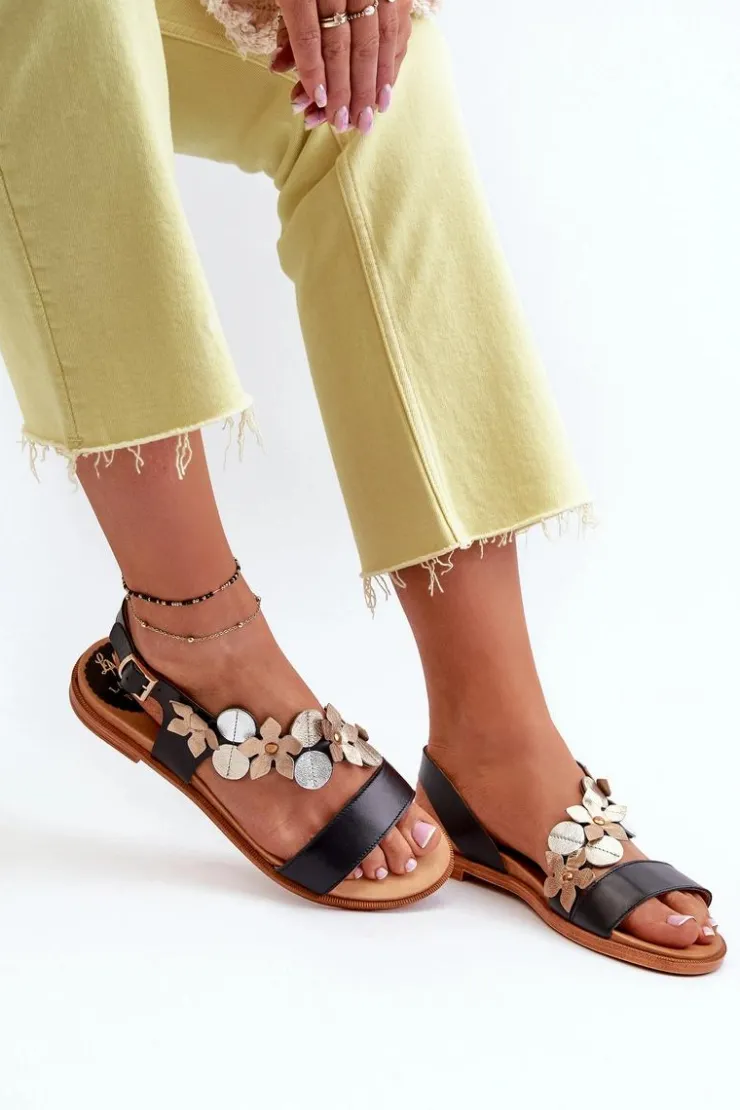 Discount Laura Messi Skórzane Sandały Damskie Ozdobione Kwiatkami 2762 Czarne