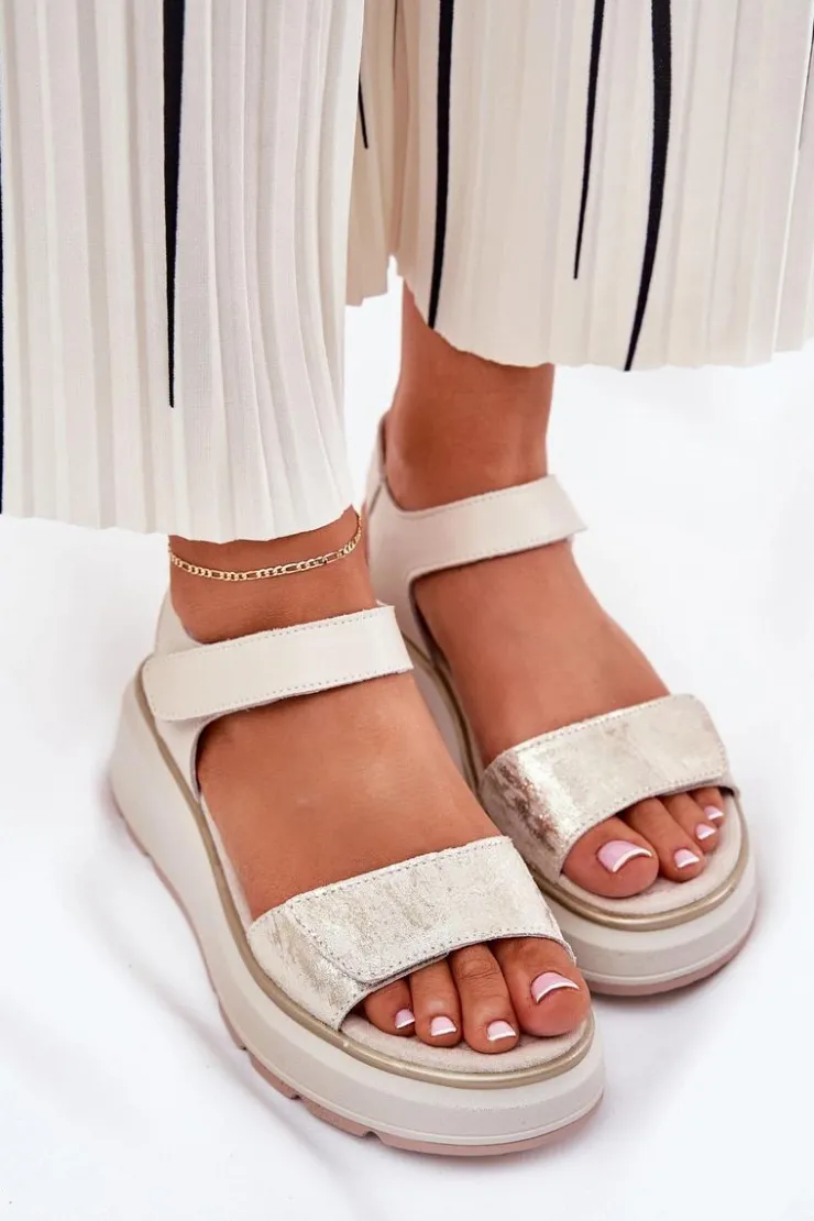 Damskie Damskie buty S.Barski Skórzane Sandały Damskie Platformie I Koturnie Na Rzep S.Barski LR51-543 Złote