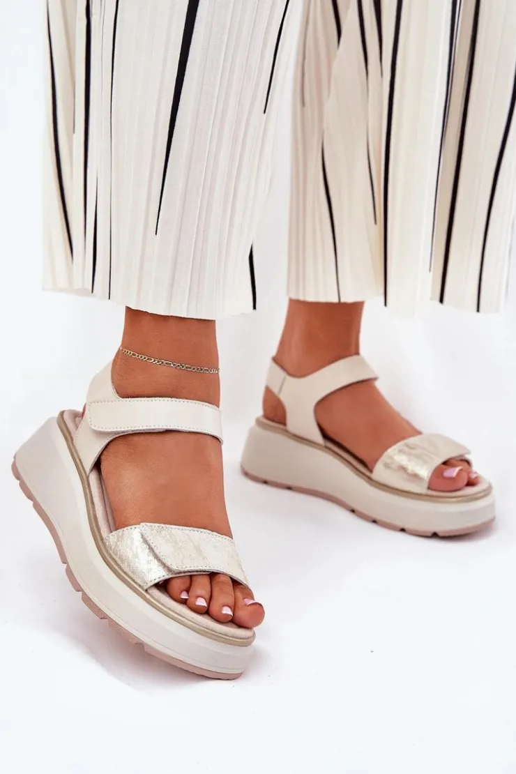 Damskie Damskie buty S.Barski Skórzane Sandały Damskie Platformie I Koturnie Na Rzep S.Barski LR51-543 Złote