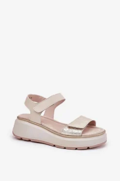 Damskie Damskie buty S.Barski Skórzane Sandały Damskie Platformie I Koturnie Na Rzep S.Barski LR51-543 Złote