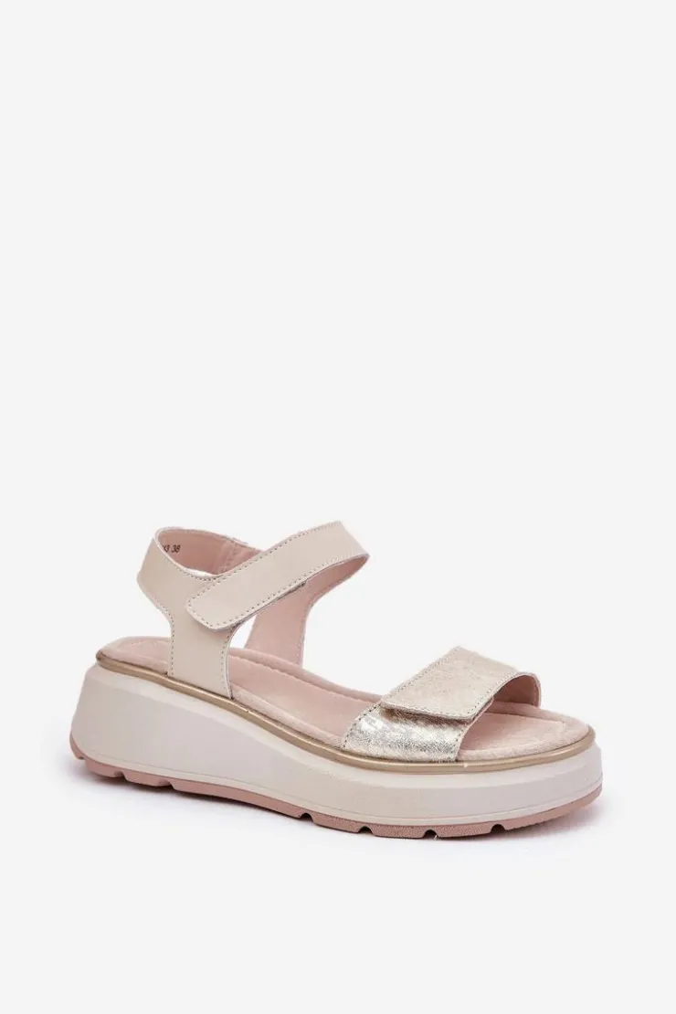 Damskie Damskie buty S.Barski Skórzane Sandały Damskie Platformie I Koturnie Na Rzep S.Barski LR51-543 Złote