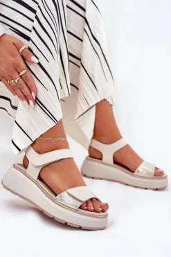 Damskie Damskie buty S.Barski Skórzane Sandały Damskie Platformie I Koturnie Na Rzep S.Barski LR51-543 Złote