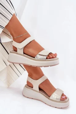 Damskie Damskie buty S.Barski Skórzane Sandały Damskie Platformie I Koturnie Na Rzep S.Barski LR51-543 Złote