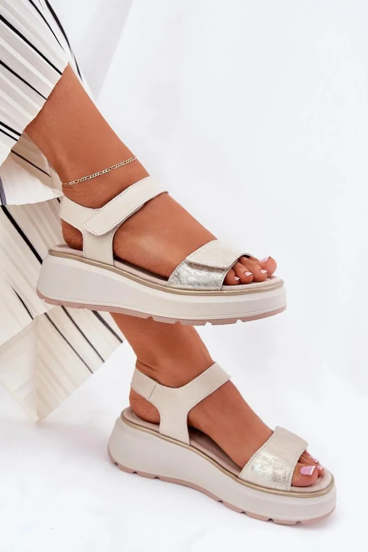 Damskie Damskie buty S.Barski Skórzane Sandały Damskie Platformie I Koturnie Na Rzep S.Barski LR51-543 Złote