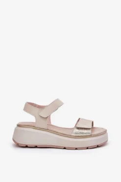 Damskie Damskie buty S.Barski Skórzane Sandały Damskie Platformie I Koturnie Na Rzep S.Barski LR51-543 Złote