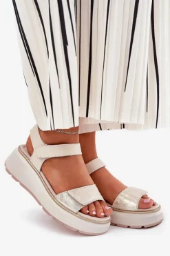 Damskie Damskie buty S.Barski Skórzane Sandały Damskie Platformie I Koturnie Na Rzep S.Barski LR51-543 Złote