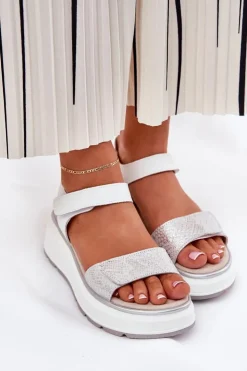 Best Damskie buty S.Barski Skórzane Sandały Damskie Platformie I Koturnie Na Rzep S.Barski LR51-543 Srebrne Srebrny