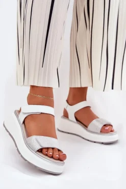 Best Damskie buty S.Barski Skórzane Sandały Damskie Platformie I Koturnie Na Rzep S.Barski LR51-543 Srebrne Srebrny