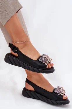 Artiker Sandały Płaskie*Skórzane Sandały Damskie Z Kryształkami 54C1628 Czarne Czarny