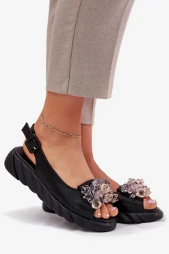 Artiker Sandały Płaskie*Skórzane Sandały Damskie Z Kryształkami 54C1628 Czarne Czarny