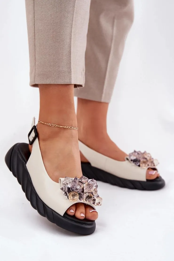 New Artiker Skórzane Sandały Damskie Z Kryształkami 54C1627 Beżowe Beżowy