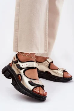 Artiker Sandały Płaskie*Skórzane Sandały Damskie Z Rzepami 56C0469 Złote Złoty