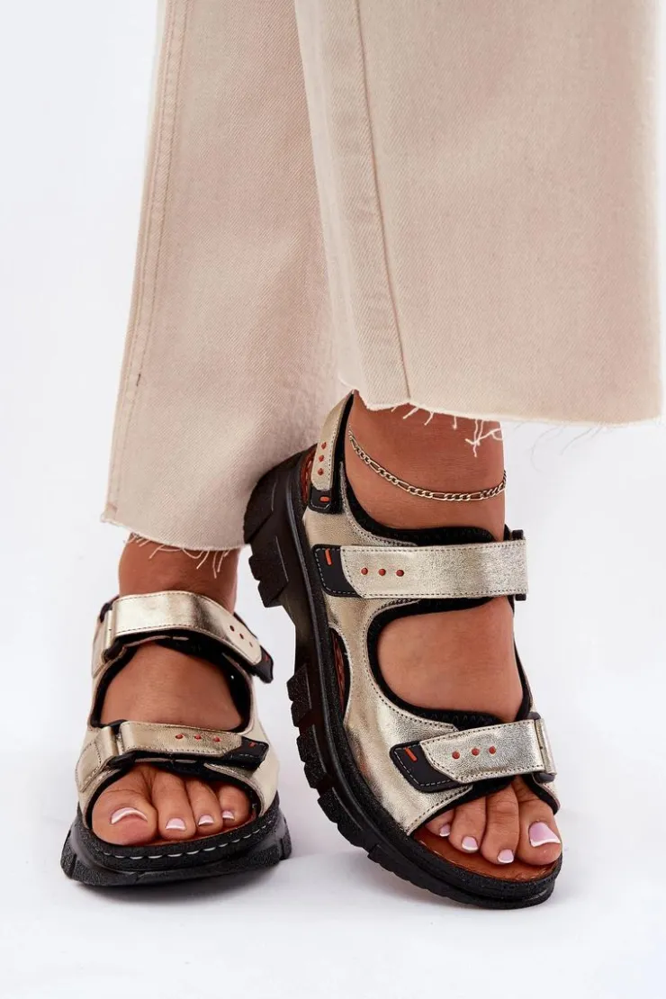 Artiker Sandały Płaskie*Skórzane Sandały Damskie Z Rzepami 56C0469 Złote Złoty