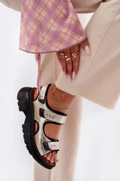 Artiker Sandały Płaskie*Skórzane Sandały Damskie Z Rzepami 56C0469 Złote Złoty