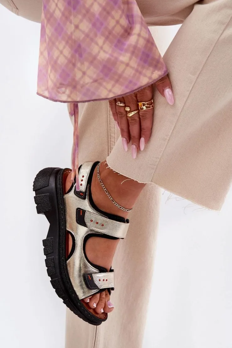 Artiker Sandały Płaskie*Skórzane Sandały Damskie Z Rzepami 56C0469 Złote Złoty