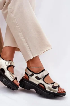 Artiker Sandały Płaskie*Skórzane Sandały Damskie Z Rzepami 56C0469 Złote Złoty