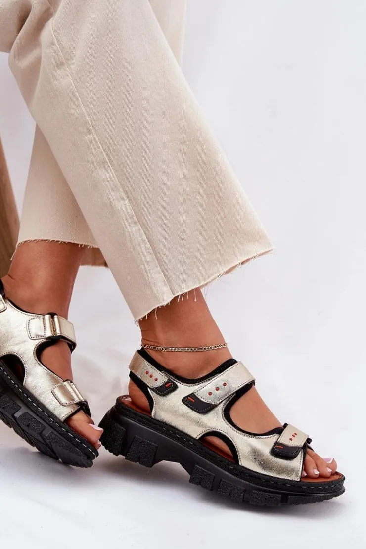 Artiker Sandały Płaskie*Skórzane Sandały Damskie Z Rzepami 56C0469 Złote Złoty