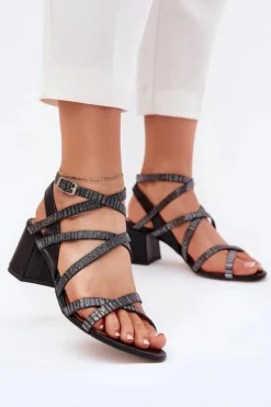Damskie Maciejka Skórzane Sandały Damskie Z Paseczkami Na Słupku 06969-01 Czarne