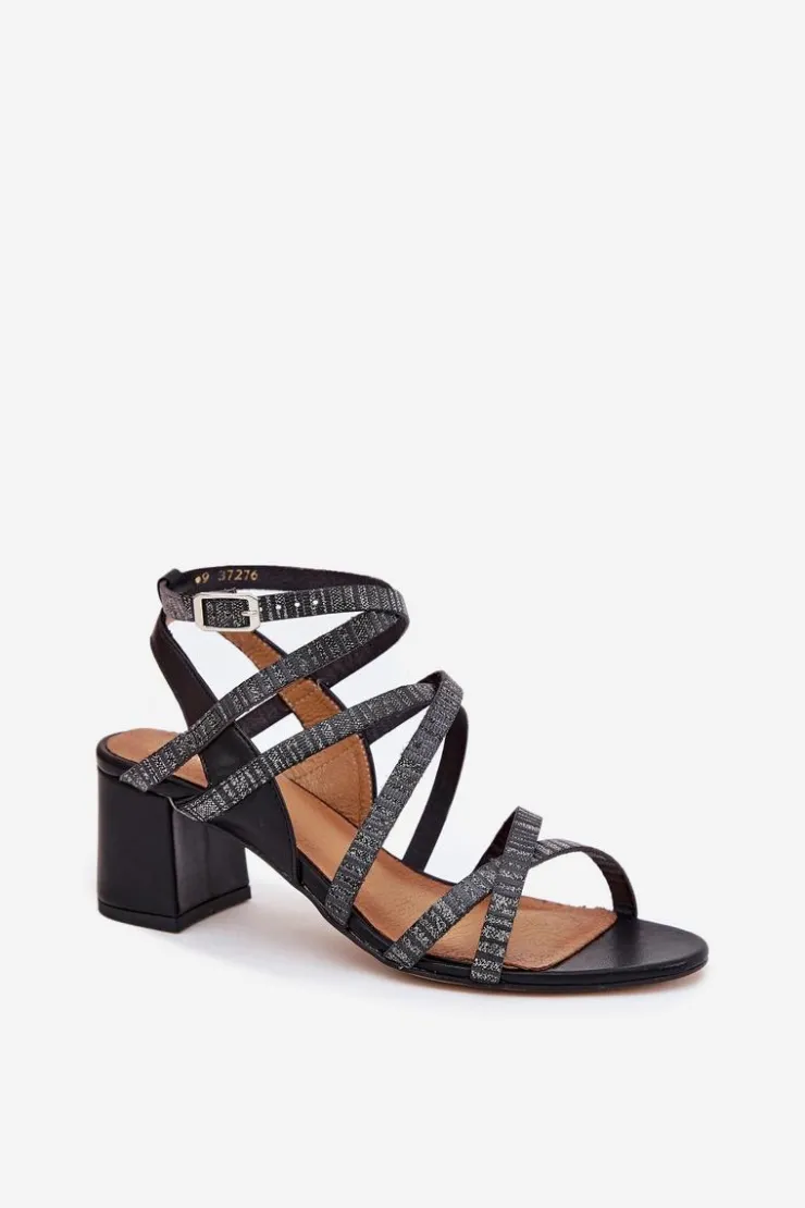 Damskie Maciejka Skórzane Sandały Damskie Z Paseczkami Na Słupku 06969-01 Czarne