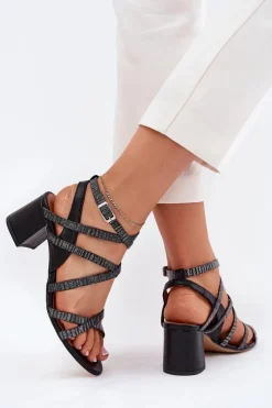 Damskie Maciejka Skórzane Sandały Damskie Z Paseczkami Na Słupku 06969-01 Czarne