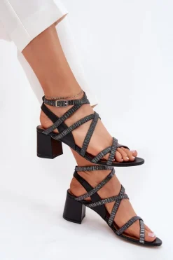 Damskie Maciejka Skórzane Sandały Damskie Z Paseczkami Na Słupku 06969-01 Czarne