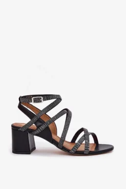 Damskie Maciejka Skórzane Sandały Damskie Z Paseczkami Na Słupku 06969-01 Czarne