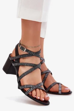 Damskie Maciejka Skórzane Sandały Damskie Z Paseczkami Na Słupku 06969-01 Czarne